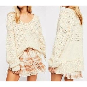 Free People Crashing Waves Oversized Beige Crochet Knit Sweater Women's Size S/P